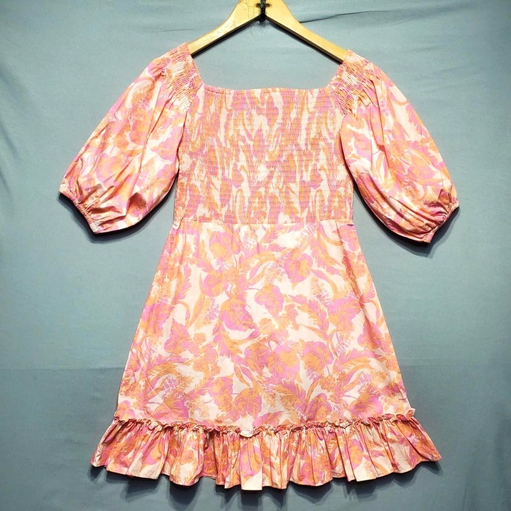 NWT Karlie Dress Womens Medium Pink Smocked Floral Puff Sleeve Milkmaid Coquette